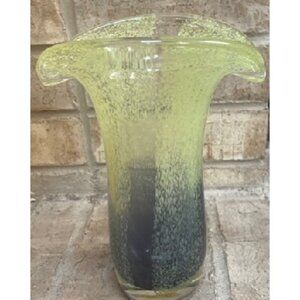 Hand Blown Art Glass Vase Purple Green Speckled Flared Tulip Teleflora Vintage